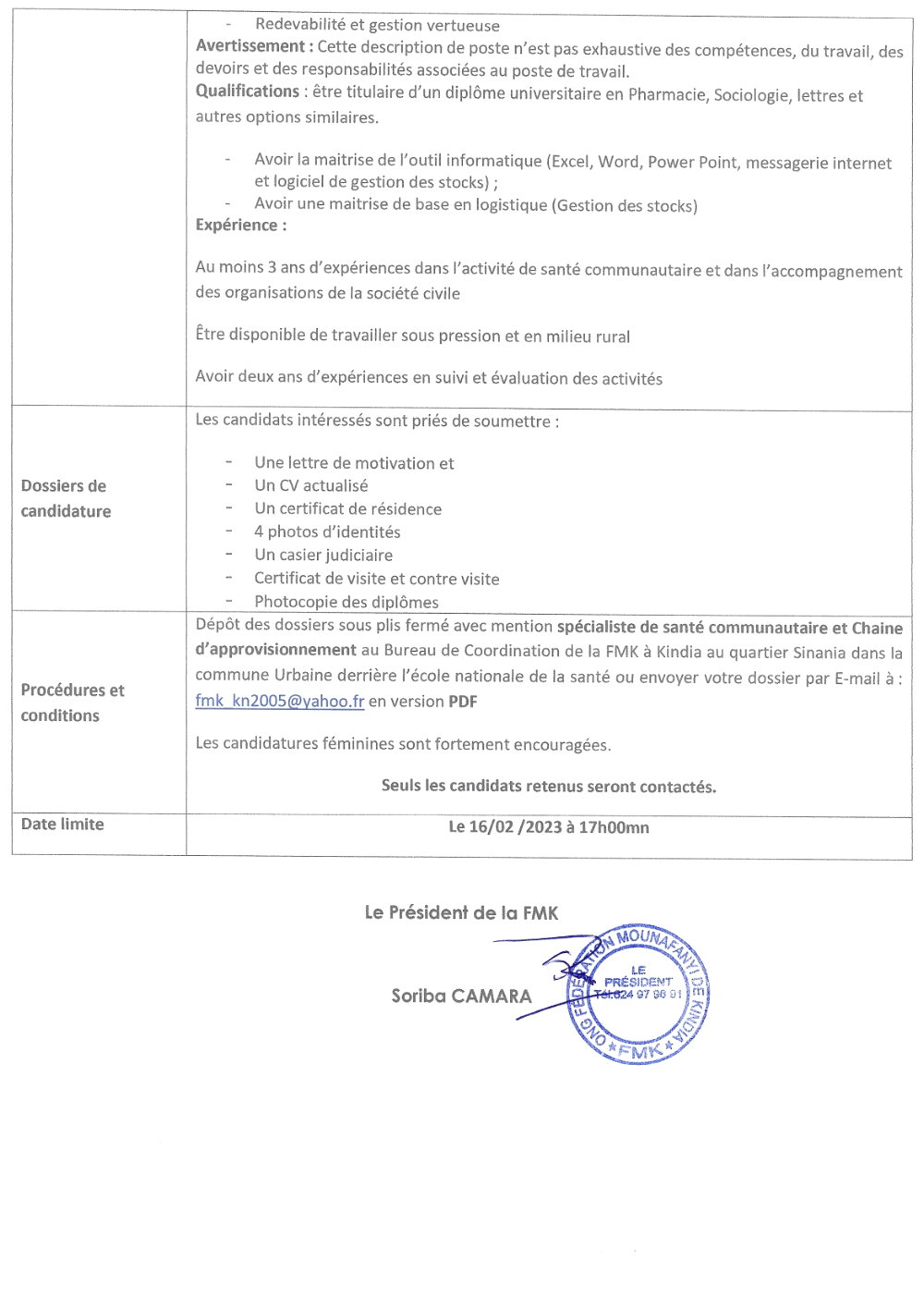 Avis de recrutement d'Un (e) spécialiste de santé communautaire et Chaine d'approvisionnement du projet NMF3 de la FMK | Page 3